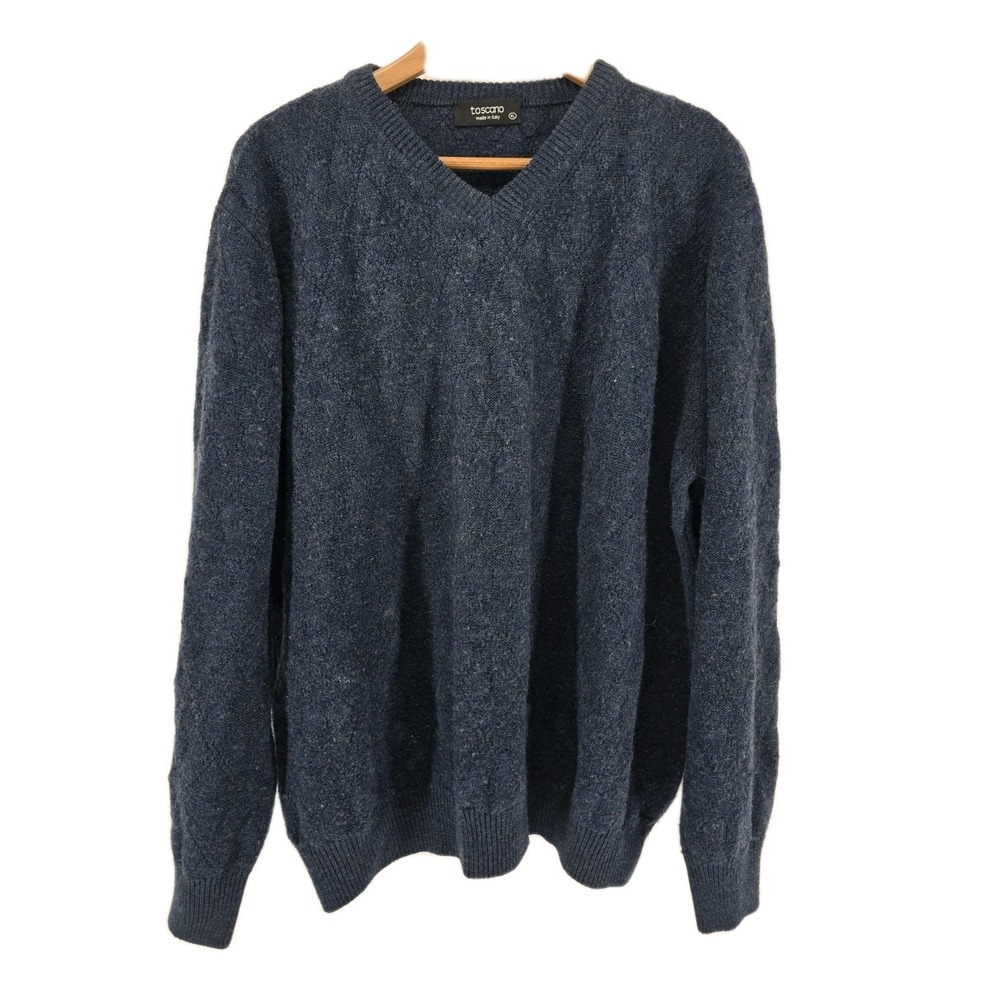 Toscano V-Neck‎ Sweater Mens XL Navy Blue Made in Italy Wool Blend Textured Knit